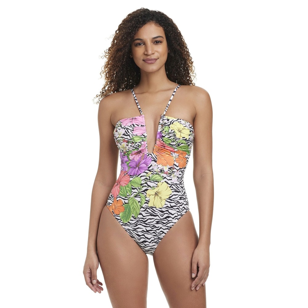 Jessica Simpson Swimsuit Women L Multi New Zebra Floral One Piece Plunge Ruched